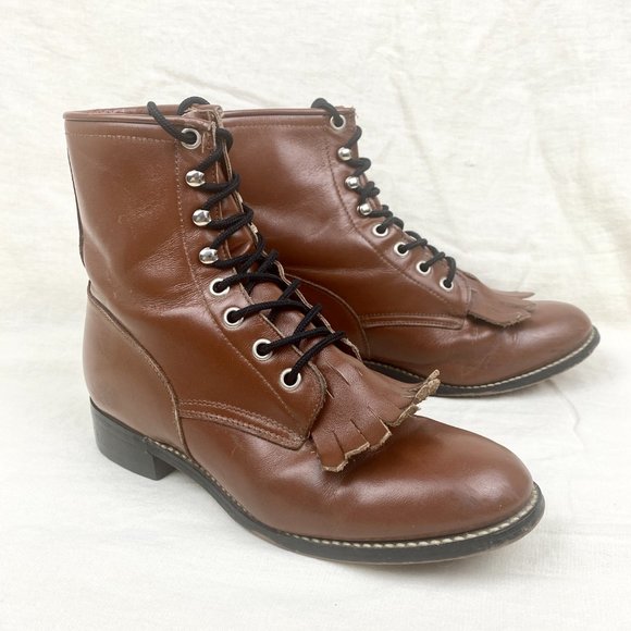 Vintage 1980s Justin Leather Brown Lace Up Roper Western Cowboy Kiltie Boots - Picture 16 of 16